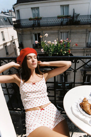 Hugo Short by KATH The Label, ribbed cotton boy-leg brief with red heart print and bows. No returns on bottoms. Perfect for lounging.