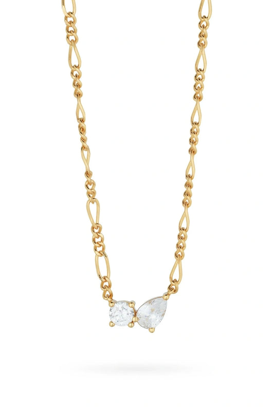 Twin Flame Necklace by Avant Studio in 18k gold plated sterling silver with cubic zirconia and adjustable chain.