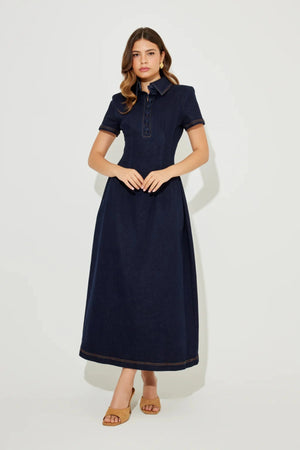 The Ultimate Muse Denim Collared Midi Dress Blue
