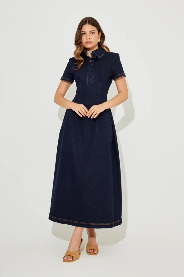 The Ultimate Muse Denim Collared Midi Dress Blue
