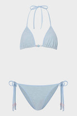 Gina Beaded Bikini Metallic Ice Blue by Hunza G, crinkle triangle bikini with beads, perfect for beach or pool styling