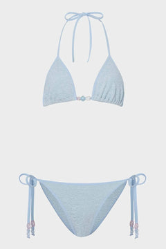 Gina Beaded Bikini Metallic Ice Blue by Hunza G, crinkle triangle bikini with beads, perfect for beach or pool styling