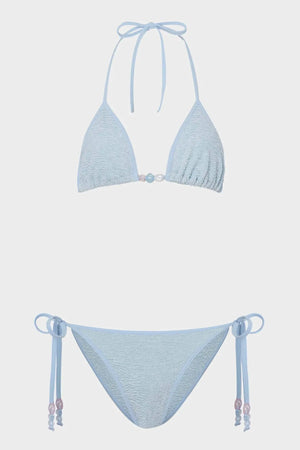 Gina Beaded Bikini Metallic Ice Blue by Hunza G, crinkle triangle bikini with beads, perfect for beach or pool styling
