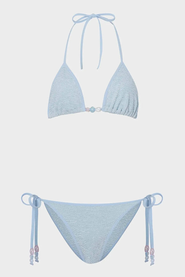 Gina Beaded Bikini Metallic Ice Blue by Hunza G, crinkle triangle bikini with beads, perfect for beach or pool styling