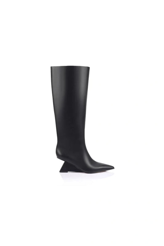 Ben Boot Black Leather by Lana Wilkinson, sleek knee-high leather boot with wedge heel, perfect for elevated everyday or evening wear