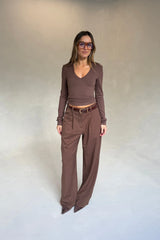 Kinsley Pinstripe Tailored Pant Chocolate Stripe by Sneaky Link, wide leg tailored pants for chic office styling