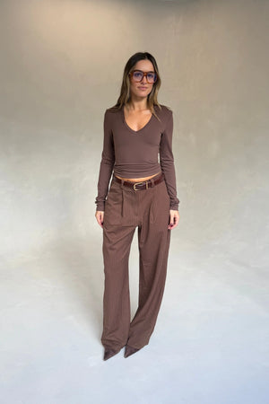 Kinsley Pinstripe Tailored Pant Chocolate Stripe by Sneaky Link, wide leg tailored pants for chic office styling