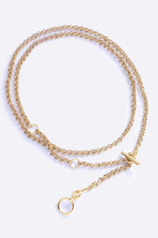 Lovers Chain by Emma Pills, 14k gold plated versatile chain worn as necklace or belt with recycled metal construction.