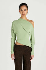 Enya Long Sleeve Top Pear by Benni, off shoulder jersey top with twist hem, perfect for elevated day to night styling