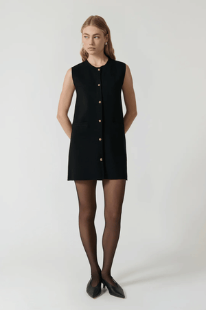 Nanda Dress Black by Onte – A Milano knit mini with gold buttons and A-line fit, designed for sleek, structured wear