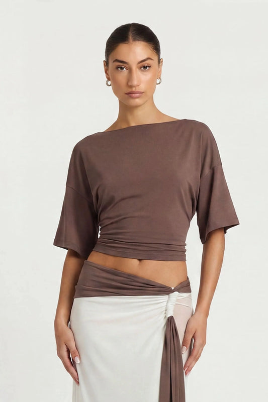 Arlo Tee Coffee by Benni – relaxed crepe jersey top with boat neckline and flattering side ruching detail.