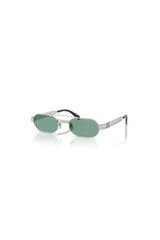 Miu Miu sunglasses with metal frame and green lenses, narrow rectangular shape with retro-inspired bridge detail.