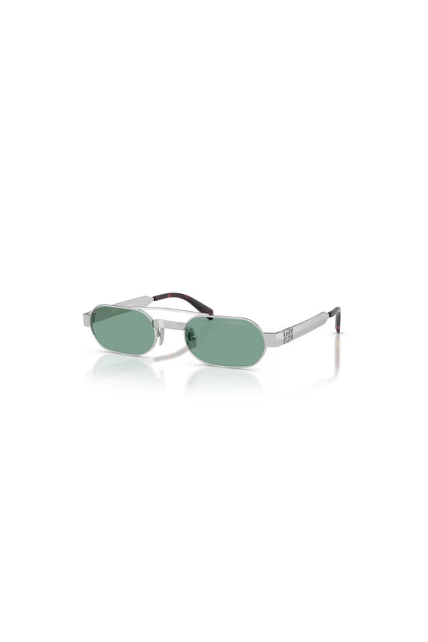 Miu Miu sunglasses with metal frame and green lenses, narrow rectangular shape with retro-inspired bridge detail.