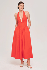 Filippa Dress Fiery Red by Ronny Kobo – A bold, trendy silhouette with a plunging halter neck and voluminous gathered skirt. Perfect for summer soirées and statement events.