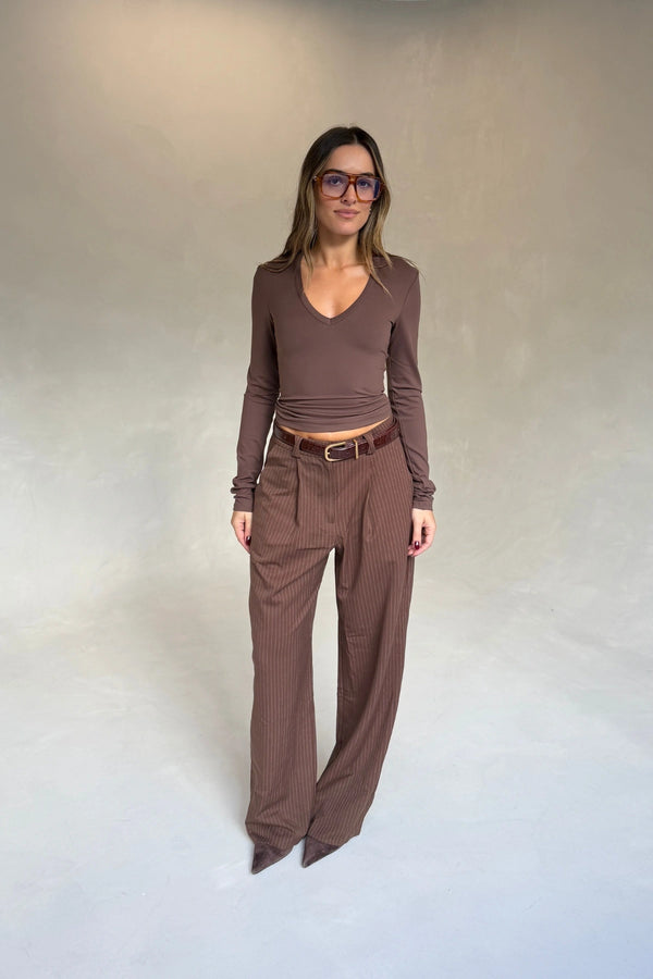 Aria V Neck Long Sleeve Chocolate by Sneaky Link, slimming stretch long sleeve top for elevated everyday wear
