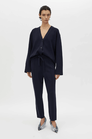Lyndon Knit Pant Navy by Camilla and Marc, soft knit pant with slim leg, ribbed waistband with drawcords, and signature pin stitch detailing for a polished fit.