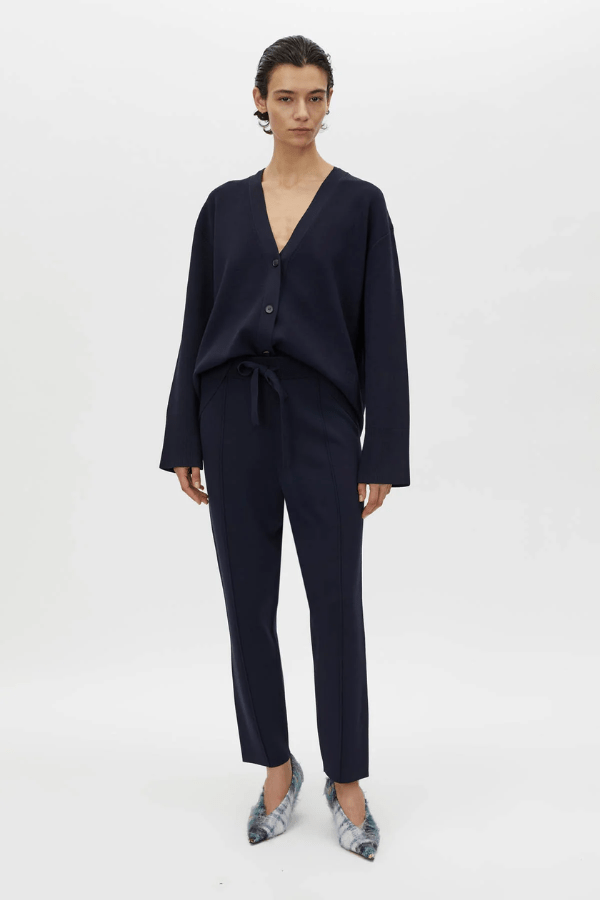 Lyndon Knit Pant Navy by Camilla and Marc, soft knit pant with slim leg, ribbed waistband with drawcords, and signature pin stitch detailing for a polished fit.