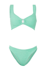 Julia Bikini Pearly Hoop Metallic Mint by Hunza G – Signature crinkle bikini with luxe pearly hoops and sculpting fit