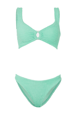Julia Bikini Pearly Hoop Metallic Mint by Hunza G – Signature crinkle bikini with luxe pearly hoops and sculpting fit