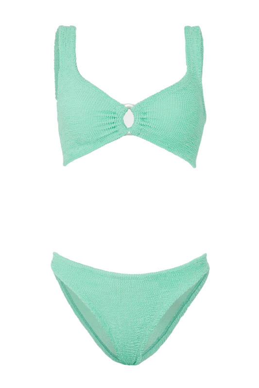 Julia Bikini Pearly Hoop Metallic Mint by Hunza G – Signature crinkle bikini with luxe pearly hoops and sculpting fit