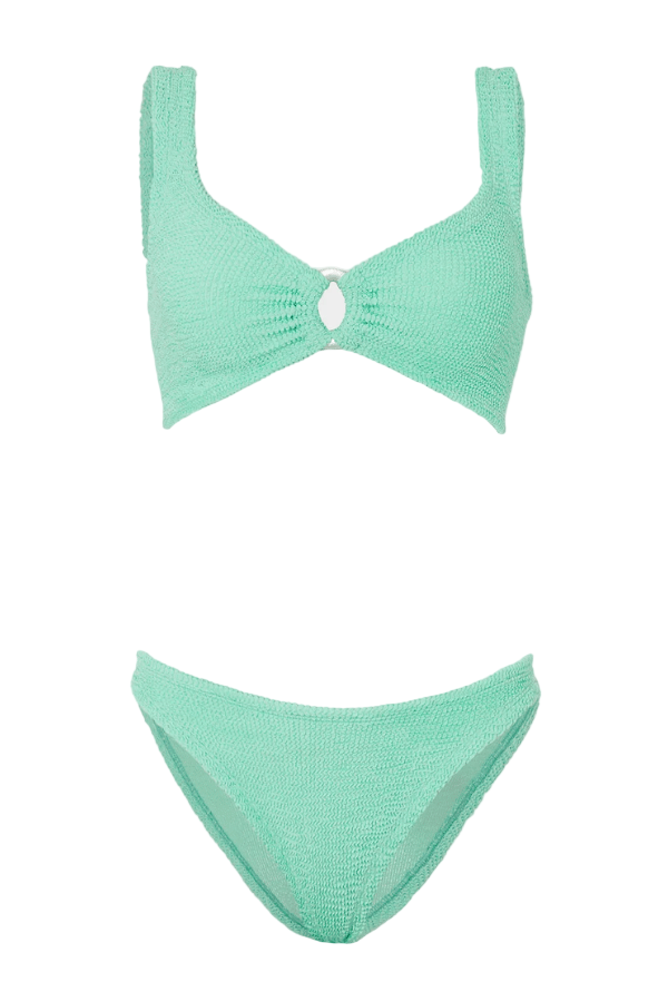 Julia Bikini Pearly Hoop Metallic Mint by Hunza G – Signature crinkle bikini with luxe pearly hoops and sculpting fit