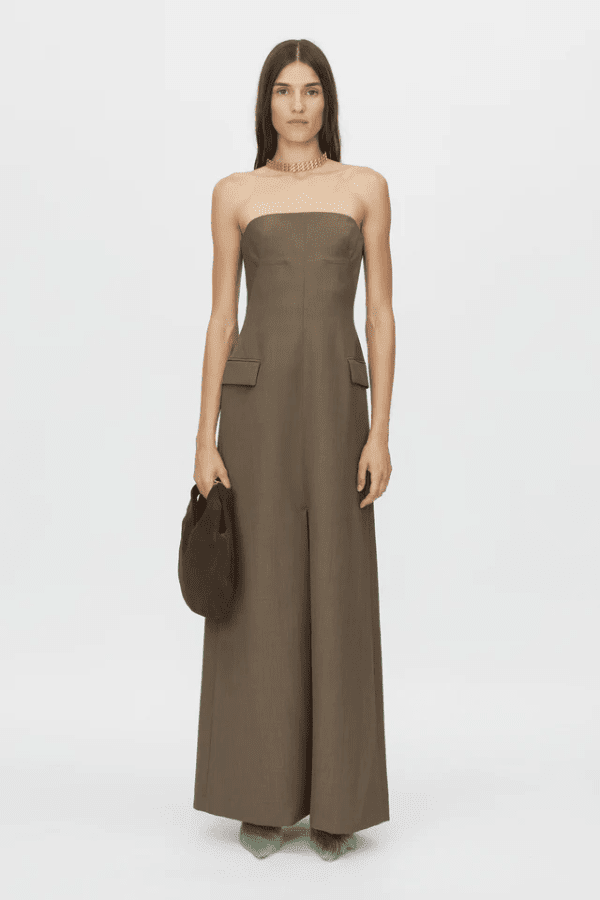 Emmett Dress Coffee by Camilla and Marc – A tailored maxi with structured internal bodice, elegant centre front split, and refined details, perfect for sophisticated occasions.