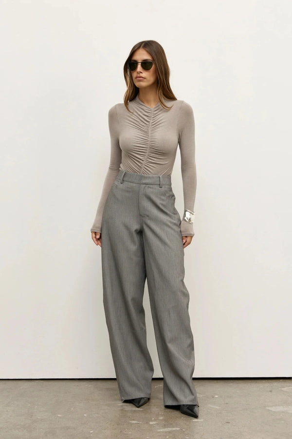 Kelsie Bodysuit Dove Grey  by Bayse – long sleeve fitted bodysuit with centre-front ruching and second-skin fit.