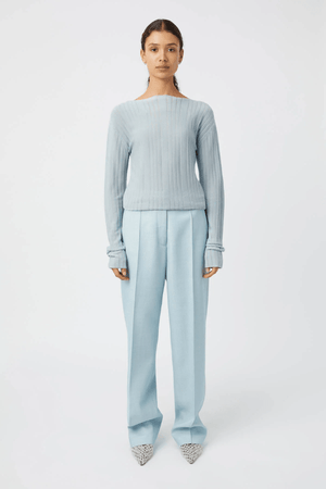 Gehry Pant Chalky Blue by Camilla and Marc, tailored mid-rise wool pant with pintuck detail, flap pockets, and a sleek, structured silhouette.