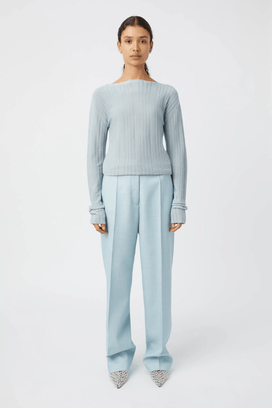 Gehry Pant Chalky Blue by Camilla and Marc, tailored mid-rise wool pant with pintuck detail, flap pockets, and a sleek, structured silhouette.