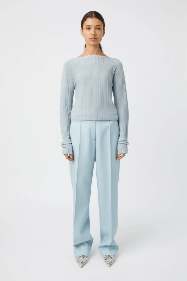 Gehry Pant Chalky Blue by Camilla and Marc, tailored mid-rise wool pant with pintuck detail, flap pockets, and a sleek, structured silhouette.