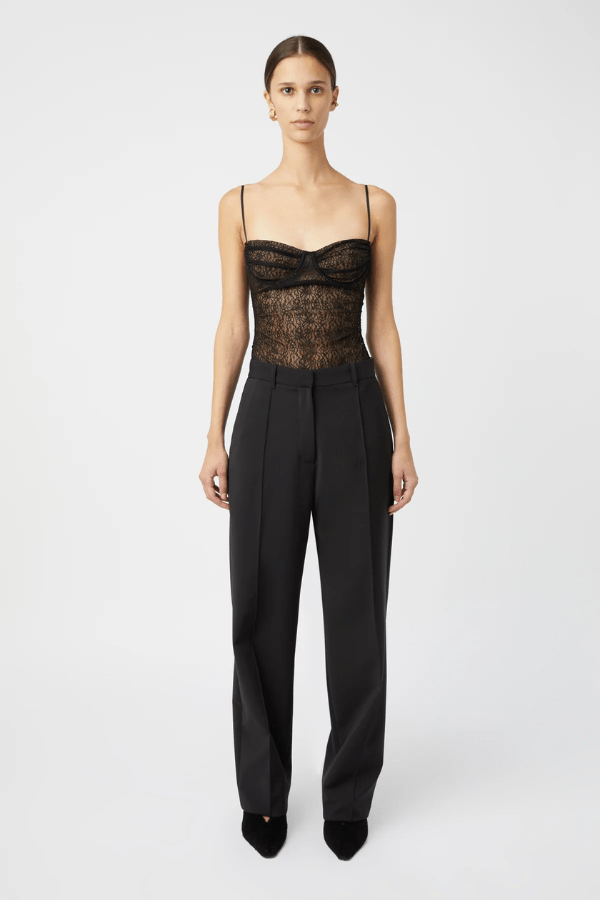 Aperture Bodysuit Black by Camilla and Marc – delicate lace with underwire and G-string cut, perfect for layering or as a sultry statement piece.