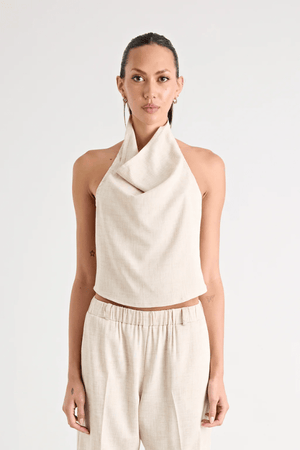 Pino Cowl Top Natural by Pfeiffer – Trendy, soft suiting top with adjustable cowl neckline and cinched back, perfect for chic day-to-night elegance.