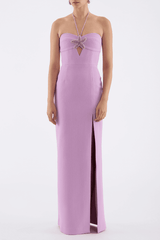 Chantara Halter Gown Lilac by Rebecca Vallance – Crepe midi with halter neck, starfish applique, fitted bodice & back split.