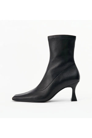Amelia Black Stretch Leather by Alias Mae, sleek stretch leather boot with square toe, perfect for day to night styling