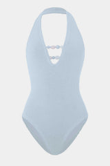 Adriana Beaded Swim Metallic Ice Blue by Hunza G, halter one piece with beads, perfect for beach or poolside styling