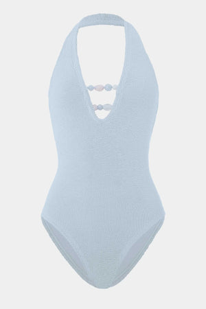Adriana Beaded Swim Metallic Ice Blue by Hunza G, halter one piece with beads, perfect for beach or poolside styling