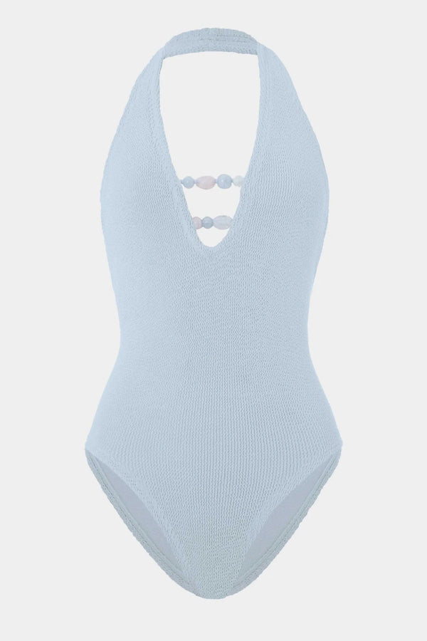 Adriana Beaded Swim Metallic Ice Blue by Hunza G, halter one piece with beads, perfect for beach or poolside styling