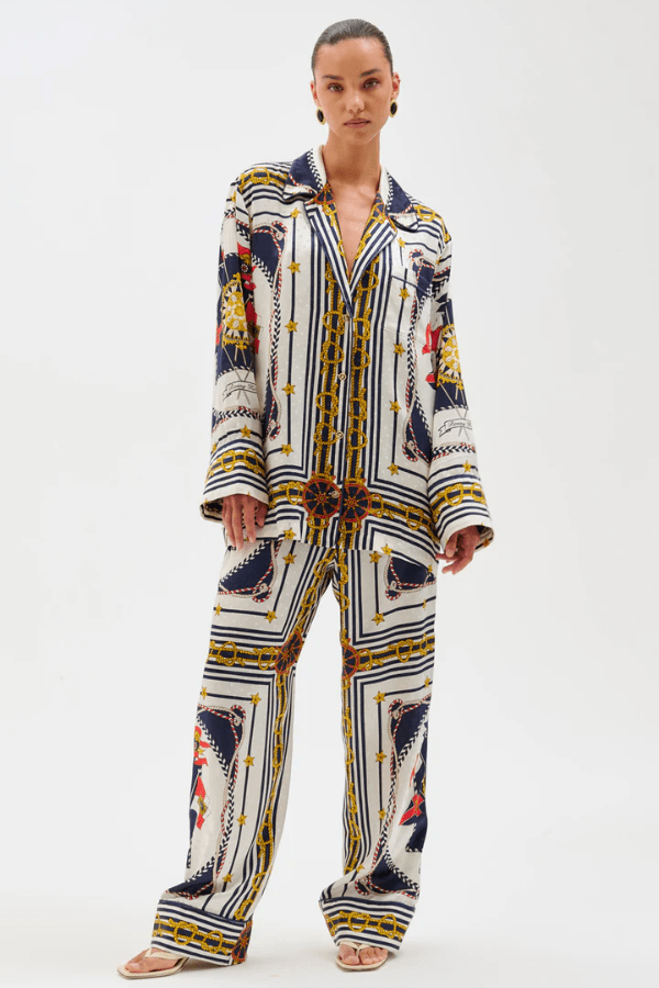 Dora Pants Multi Scarf by Ronny Kobo, trendy jacquard pants with a bold multi-scarf print, perfect for chic day or night looks with ease.