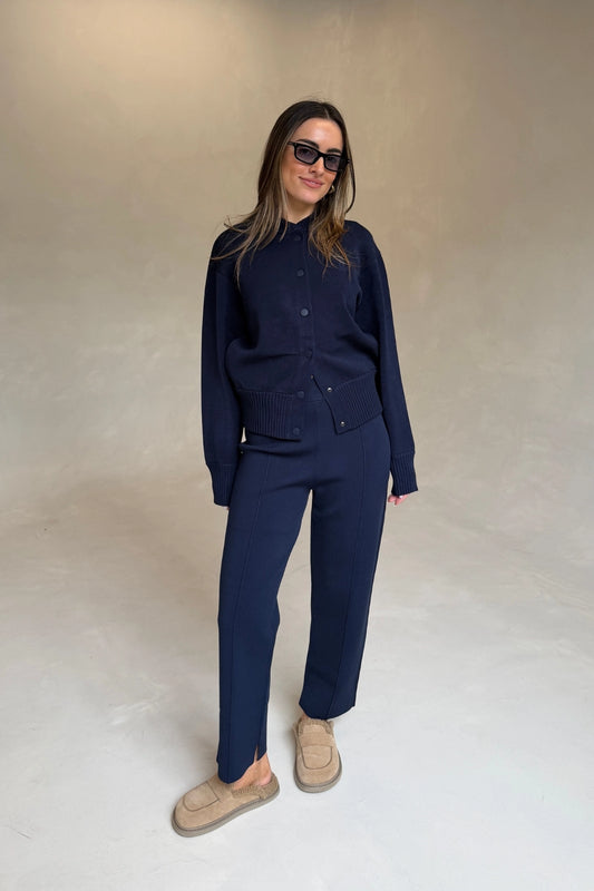 Amedeo Knit Jacket Dark Navy by camilla and marc – bomber style knit jacket with embroidered monogram and concealed buttons.