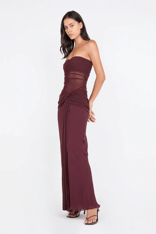 Noemi Strapless Dress by Bec + Bridge, sheer mesh bodice with twist drape detail. Perfect for weddings, galas, and evening occasions.