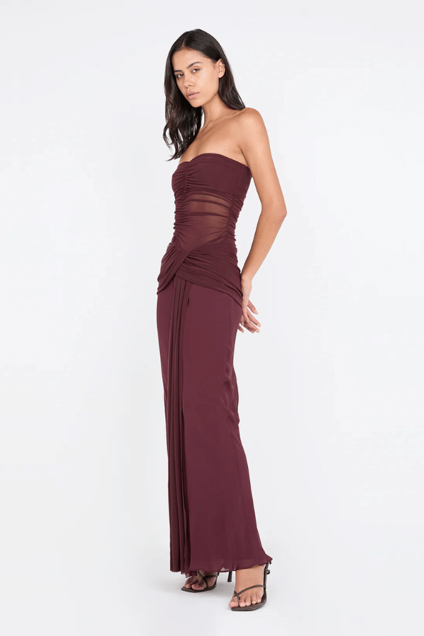 Noemi Strapless Dress by Bec + Bridge, sheer mesh bodice with twist drape detail. Perfect for weddings, galas, and evening occasions.