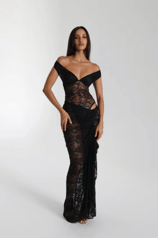 Aubrey Dress Black by Natalie Rolt – A striking lace two-piece with a ruched silhouette and cut-out detail, perfect for chic evening events.