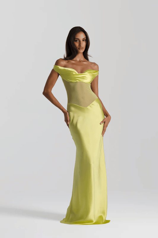 Gwyneth Gown Chartreuse by Natalie Rolt – Sculptural silk and mesh gown handcrafted in Australia for striking, modern occasionwear