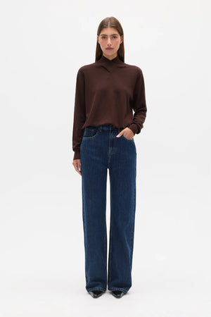 Yvette Knit Jumper Chocolate Brown by Bayse – relaxed fine knit jumper with crossover high neckline and dropped shoulders.