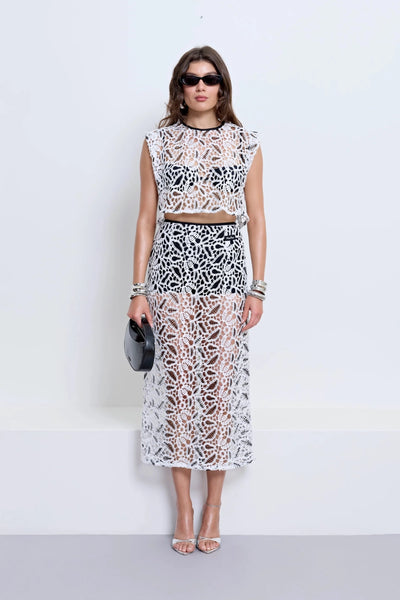 Chloe Skirt With Underlayer Powder by Pfeiffer – high waisted monochrome crochet midi skirt with underlayer and invisible side zip.