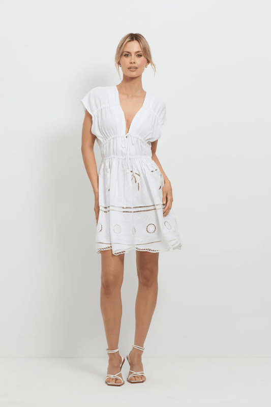 Sunrise Spirit Dress White by Pasduchas – A trendy, embroidered Tencel-linen blend dress with adjustable ties and scalloped hem, perfect for chic day-to-night occasions.