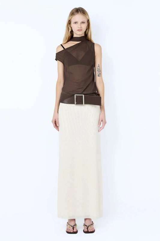 Augustin Scarf Top by Bec + Bridge — sheer asymmetric georgette top with elegant neck scarf detail, perfect for evening wear.