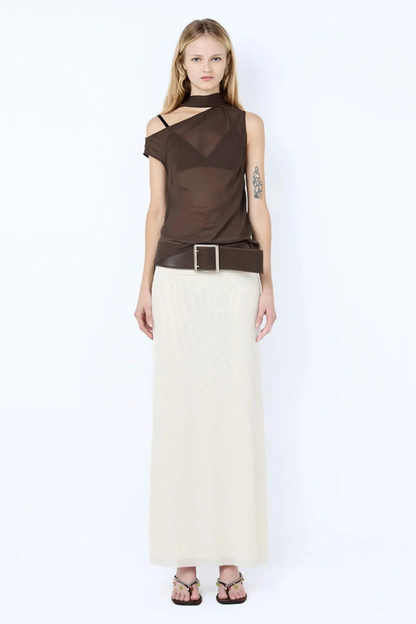 Augustin Scarf Top by Bec + Bridge — sheer asymmetric georgette top with elegant neck scarf detail, perfect for evening wear.