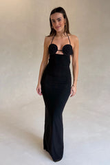 Delila Spiral Maxi Dress Black by Bec + Bridge – halter maxi dress with sculptural spiral bust detail and sleek silhouette.