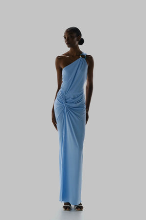 Canoa Maxi Dress Cielo de Puna by Baobab, one shoulder maxi dress with slit, perfect for resort or evening styling